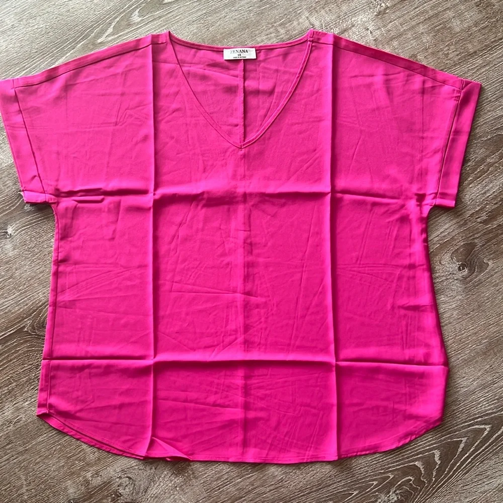 Zenana NWOT Pink Rolled Cuff V Neck Tee Shirt size 2X - Picture 7 of 10
